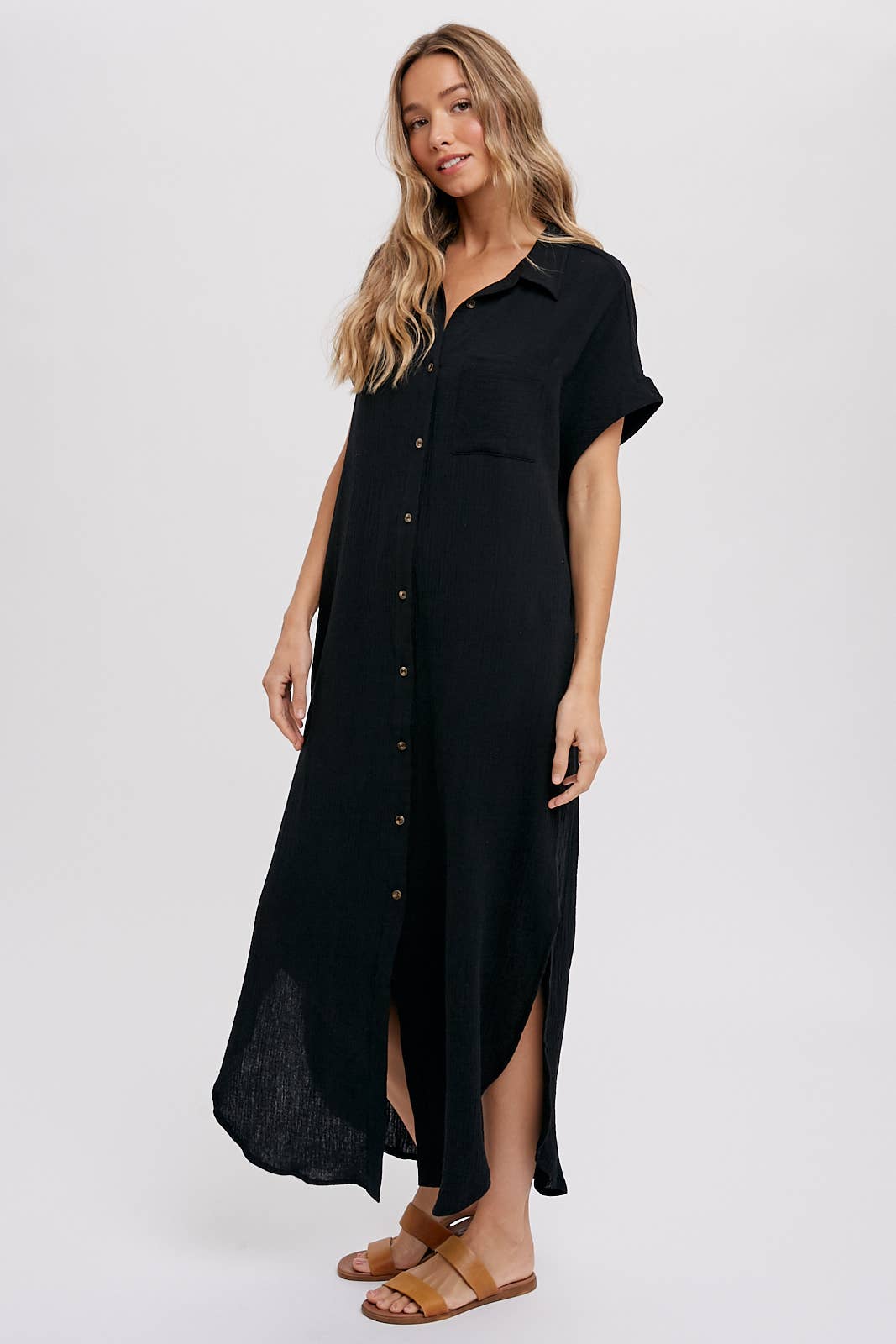 Button Up Maxi Shirt Dress with Pocket