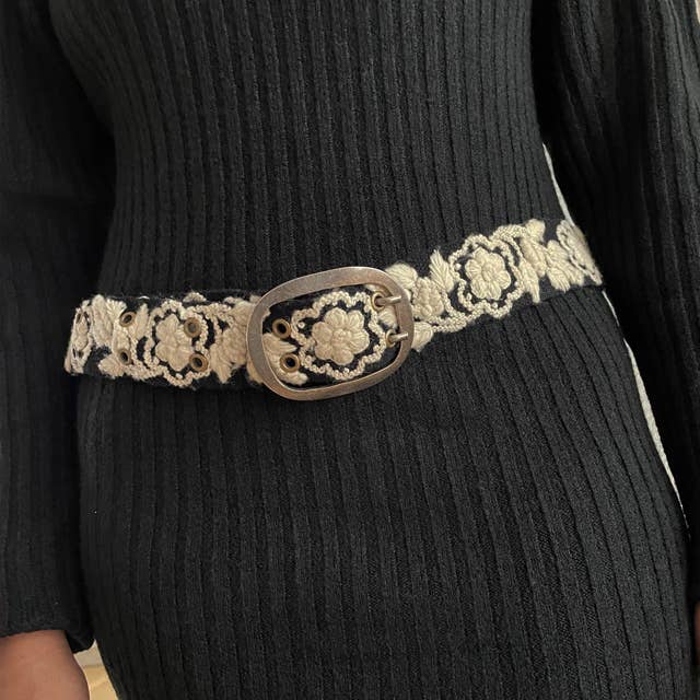 Two-Tone Embroidered Wool Belt, Black/Cream