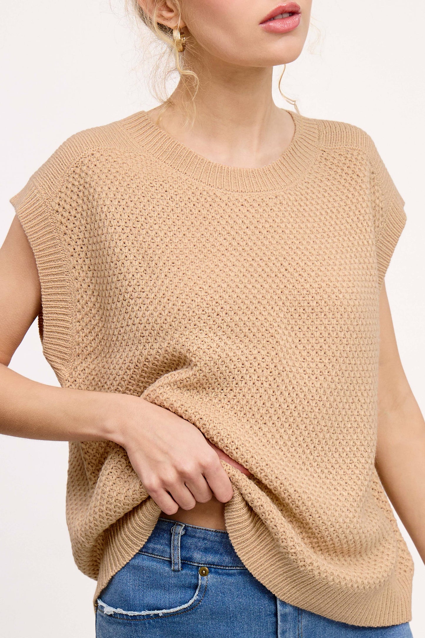 Loose Fit Round Neck Sweater Vest Top
