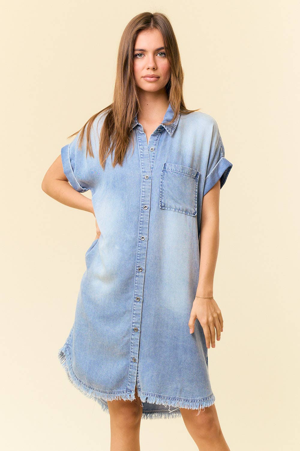 DOLMAN SHORT SLEEVE TENCEL DENIM SHIRT MINI DRESS - 27642D