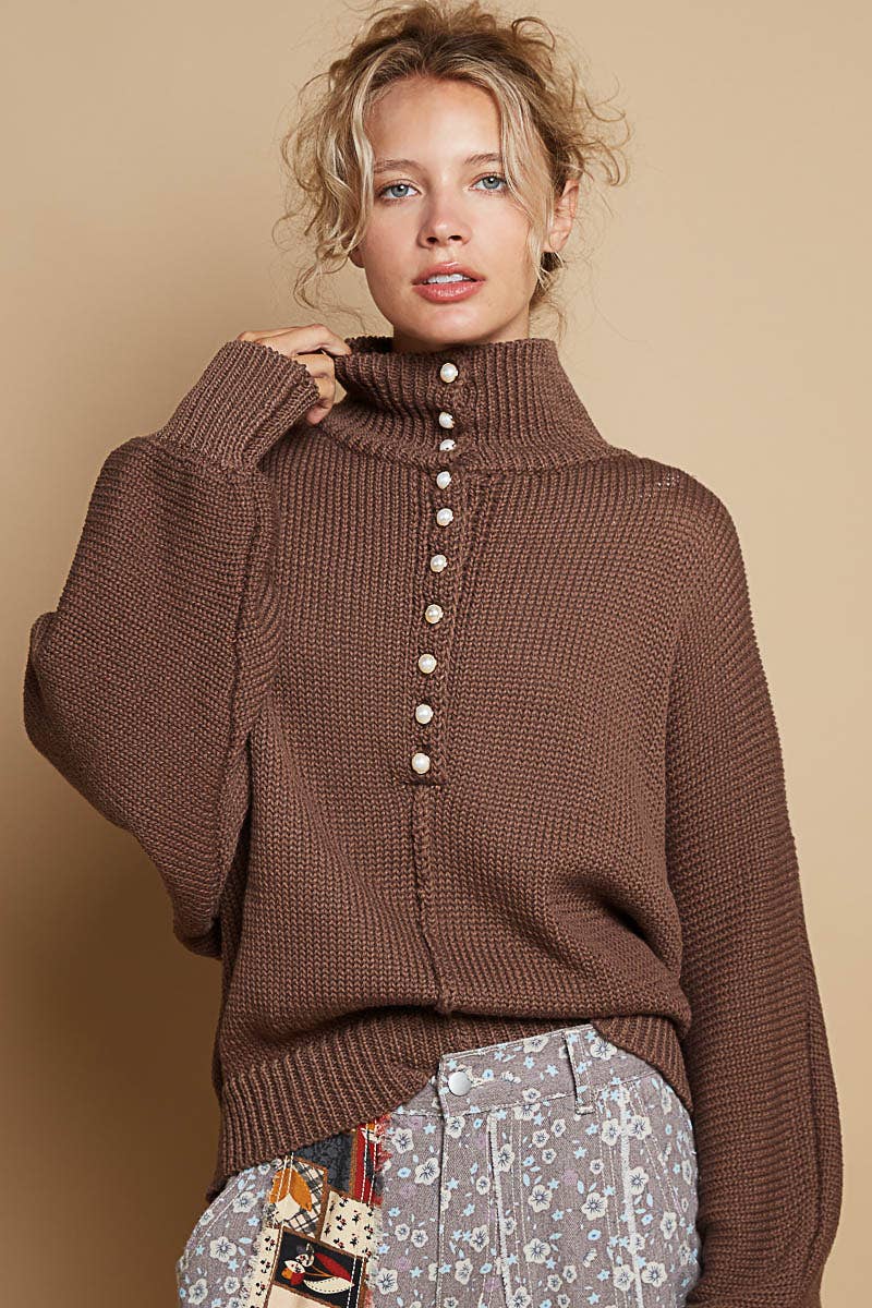 Dolman sleeve mock neck pearl button pullover