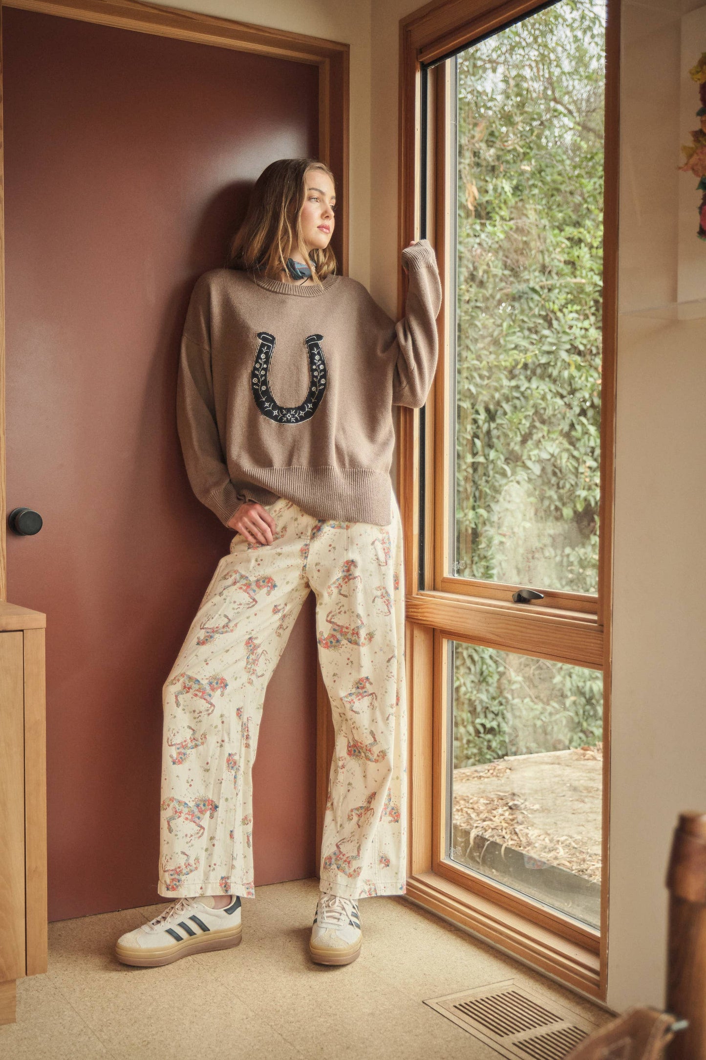 Floral Horse Print Relaxed Cotton Pants