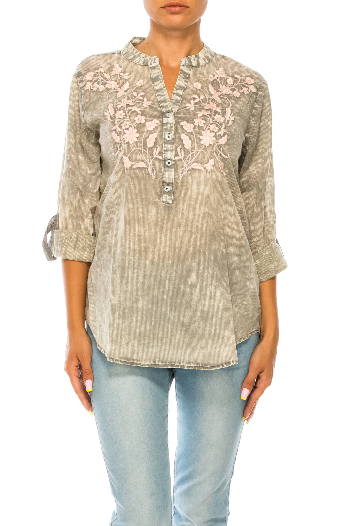 Vintage Half Button Down Tunic with Floral Embroidery