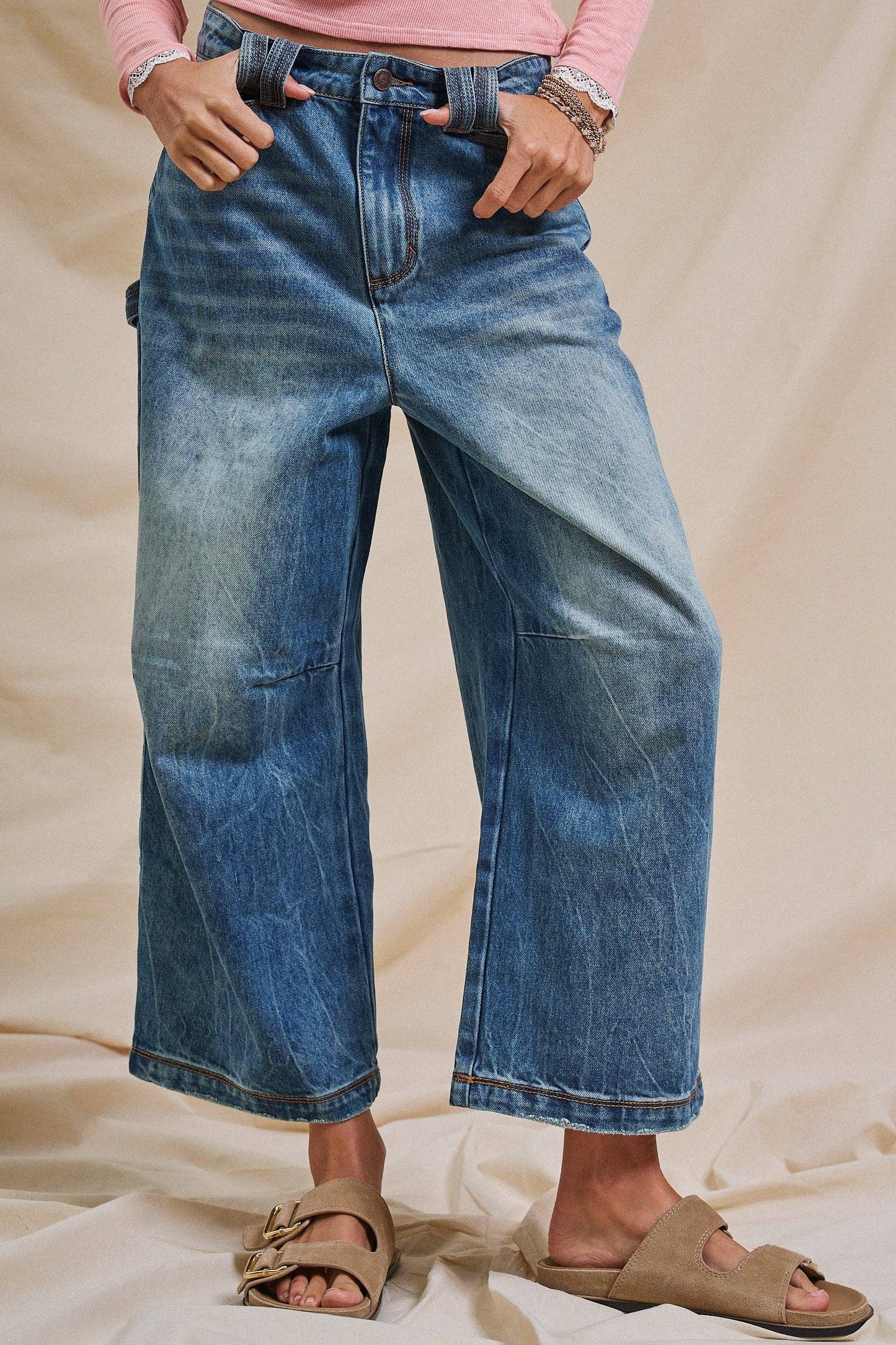 Vintage Wash Cropped Wide-Leg Denim Jeans