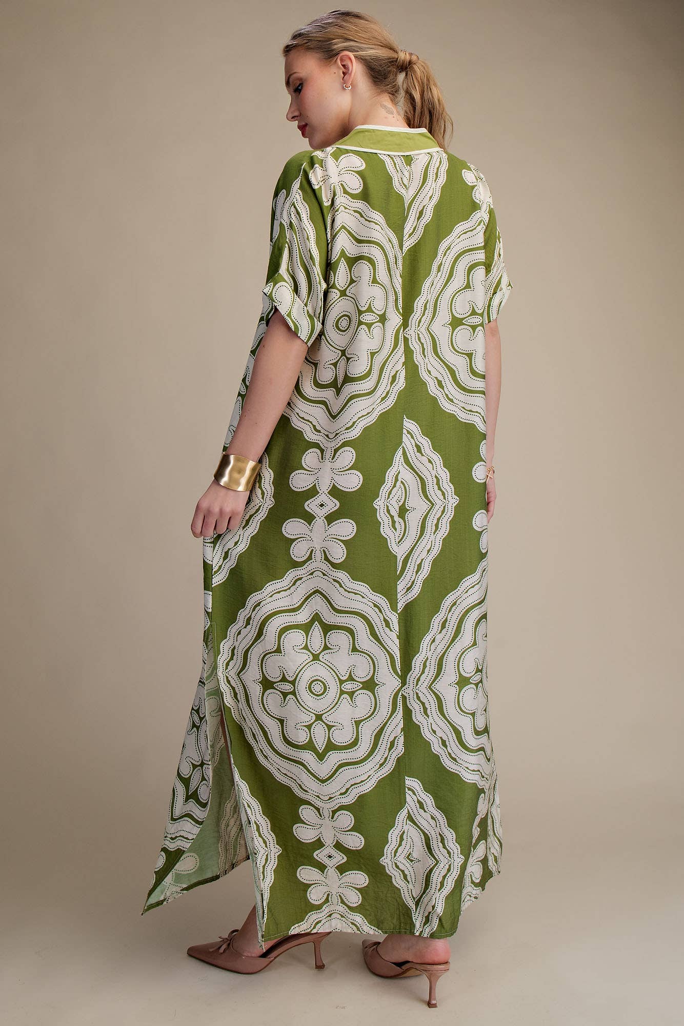 V-Neck Short Sleeve Maxi Print Dress