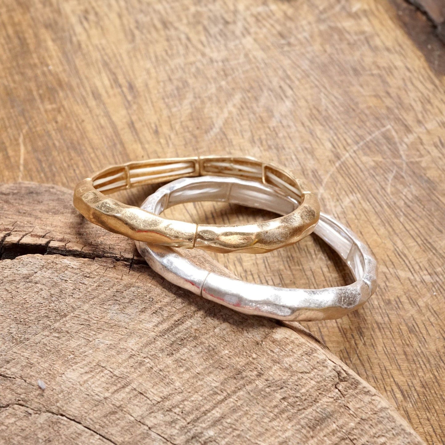Boho Stretchy Minimalist Bangle Raw Textured Worn Silver tones