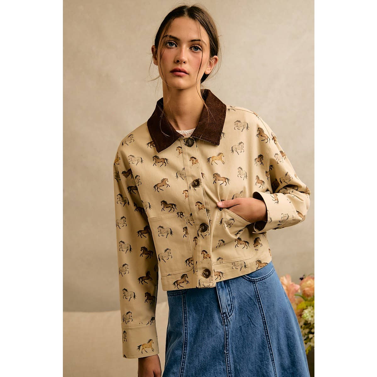 HORSE PRINT CORDUROY COLLAR JACKET