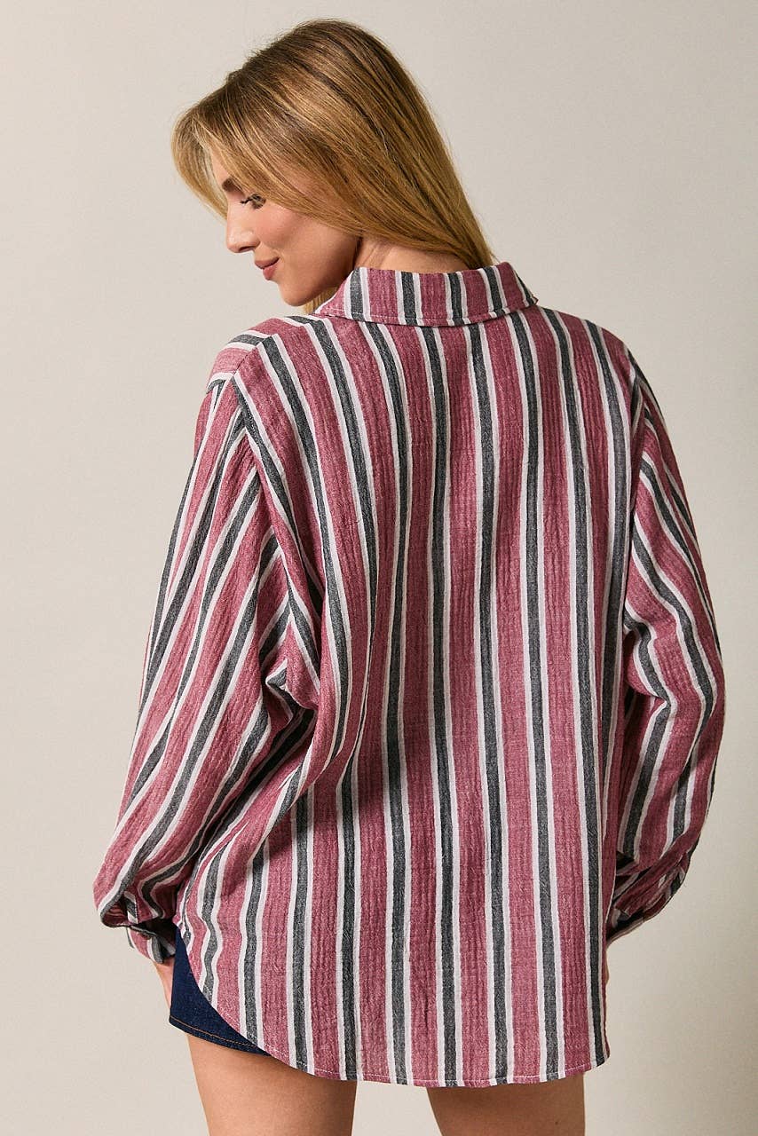 Dolman Long Sleeve Button Down Striped Shirt
