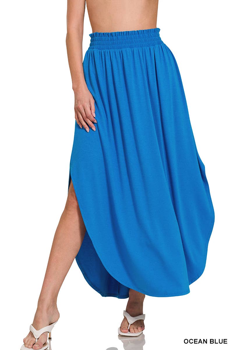 SMOCKED WAIST SIDE SLIT MAXI SKIRT WITH POCKETS