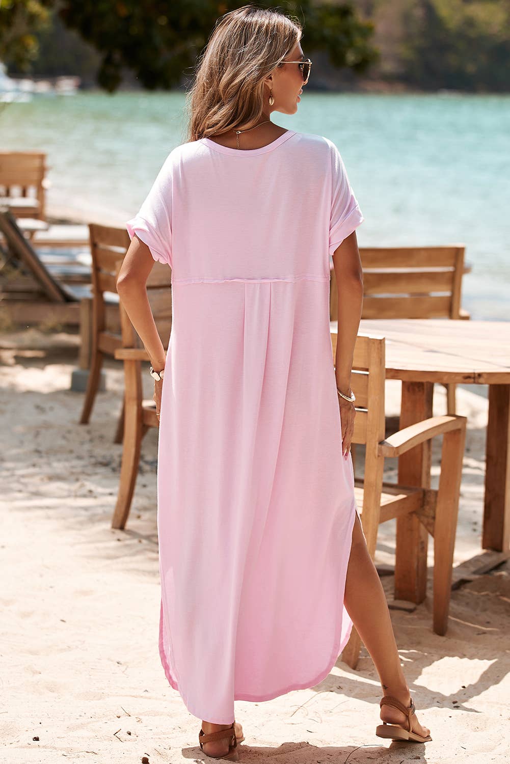 V Neck Hidden Pocket Splits Maxi Shirt Dress