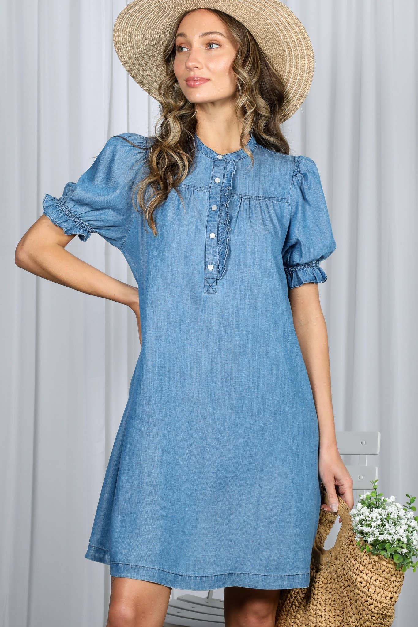 Ruffle Detail Chambray Tencel  Dress