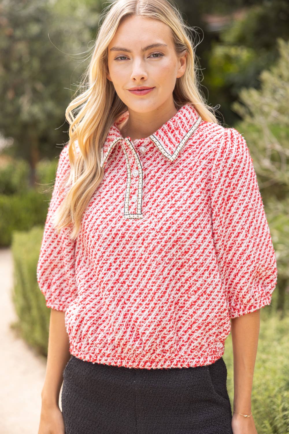 36950 Pearl Quarter Button Collared Tweed Top