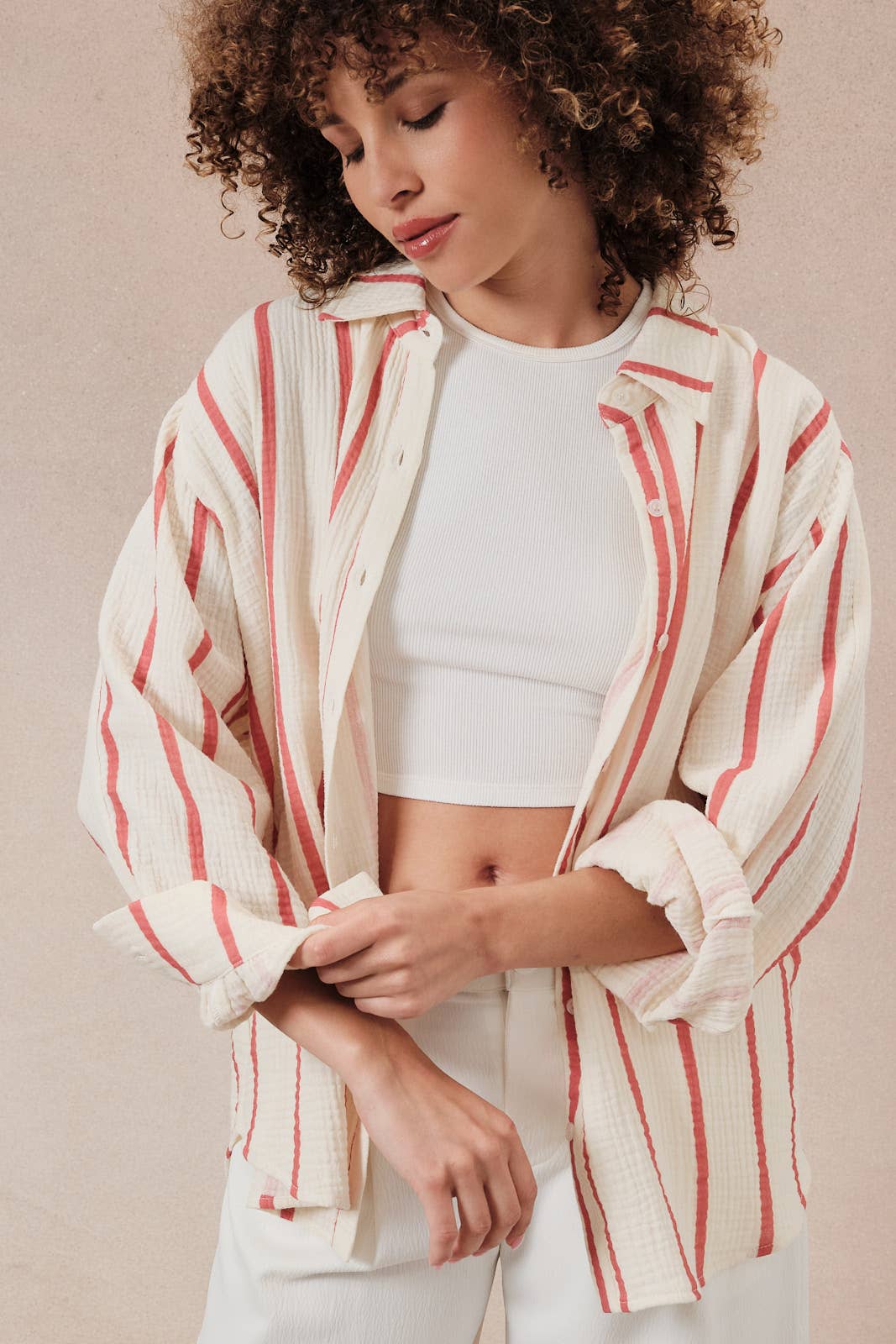 DOLMAN LONG SLEEVE BUTTON DOWN DOUBLE GAUZE STRIPE SHIRT