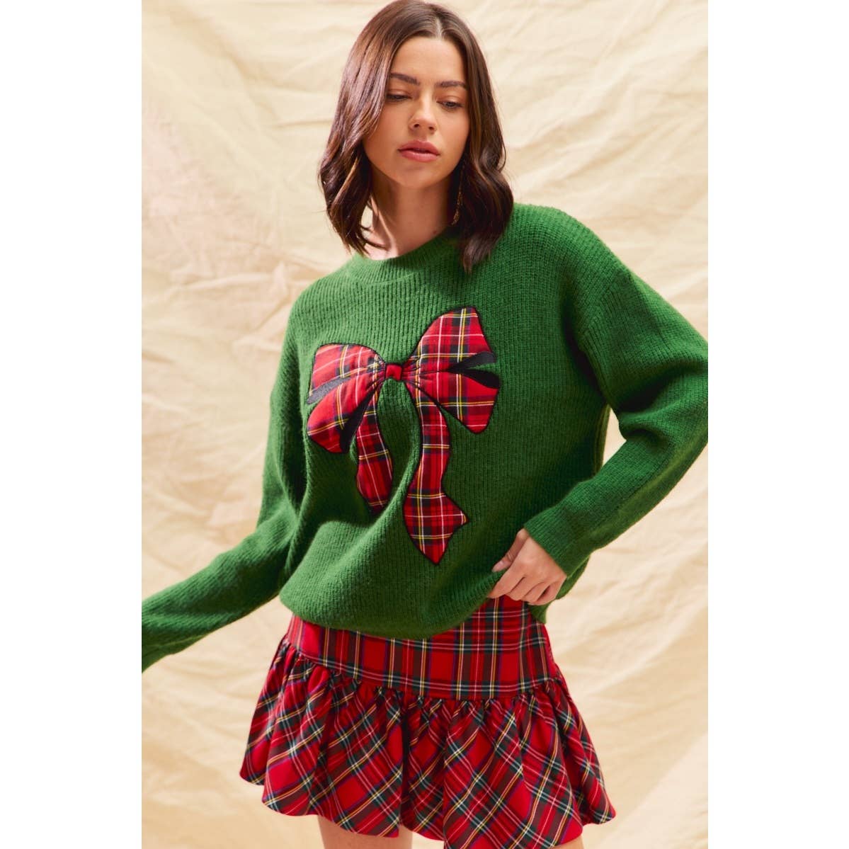 CHECKER PLAID RIBBON CHRISTMAS HOLIDAY SWEATER TOP
