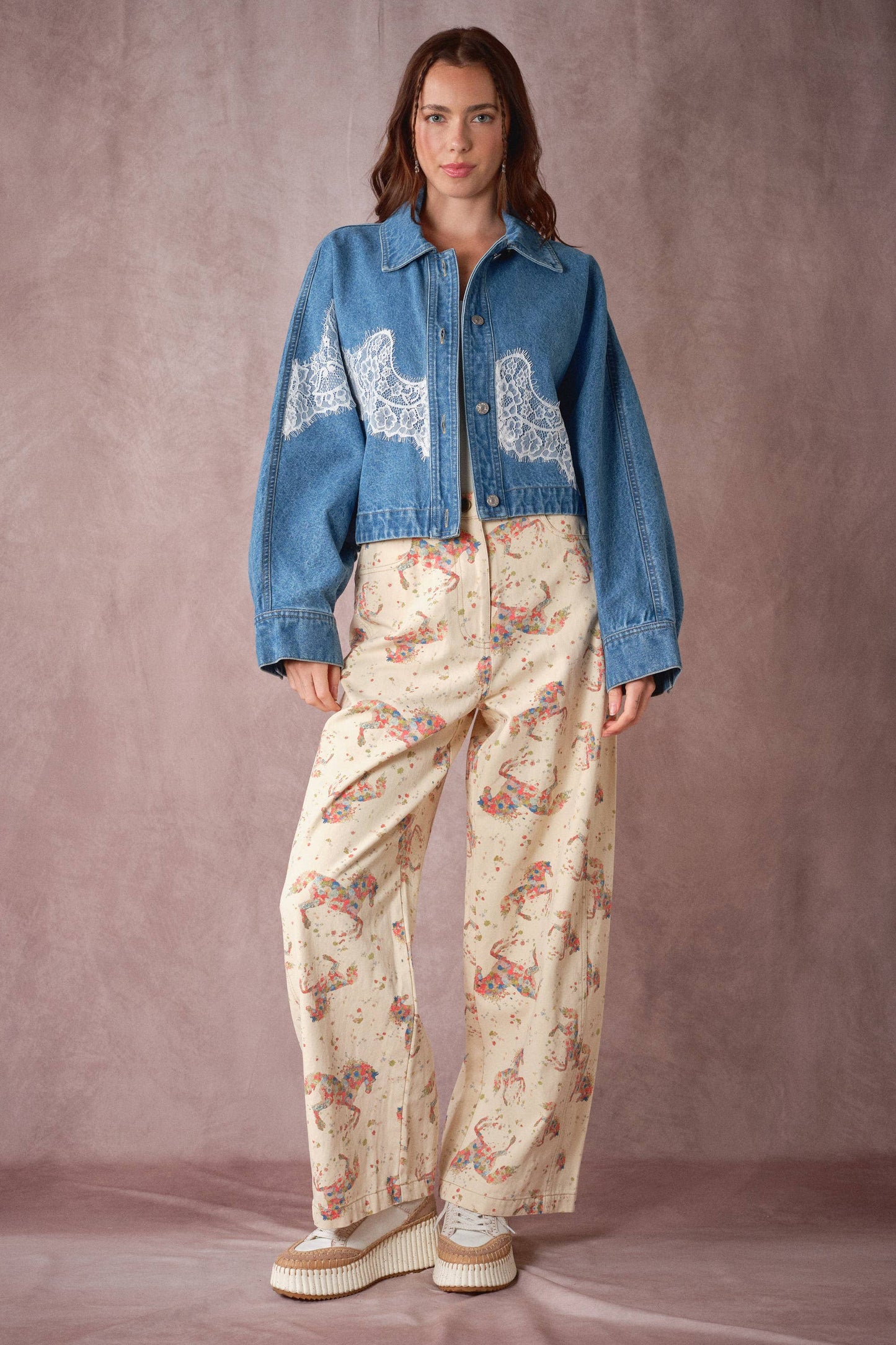 Floral Horse Print Relaxed Cotton Pants