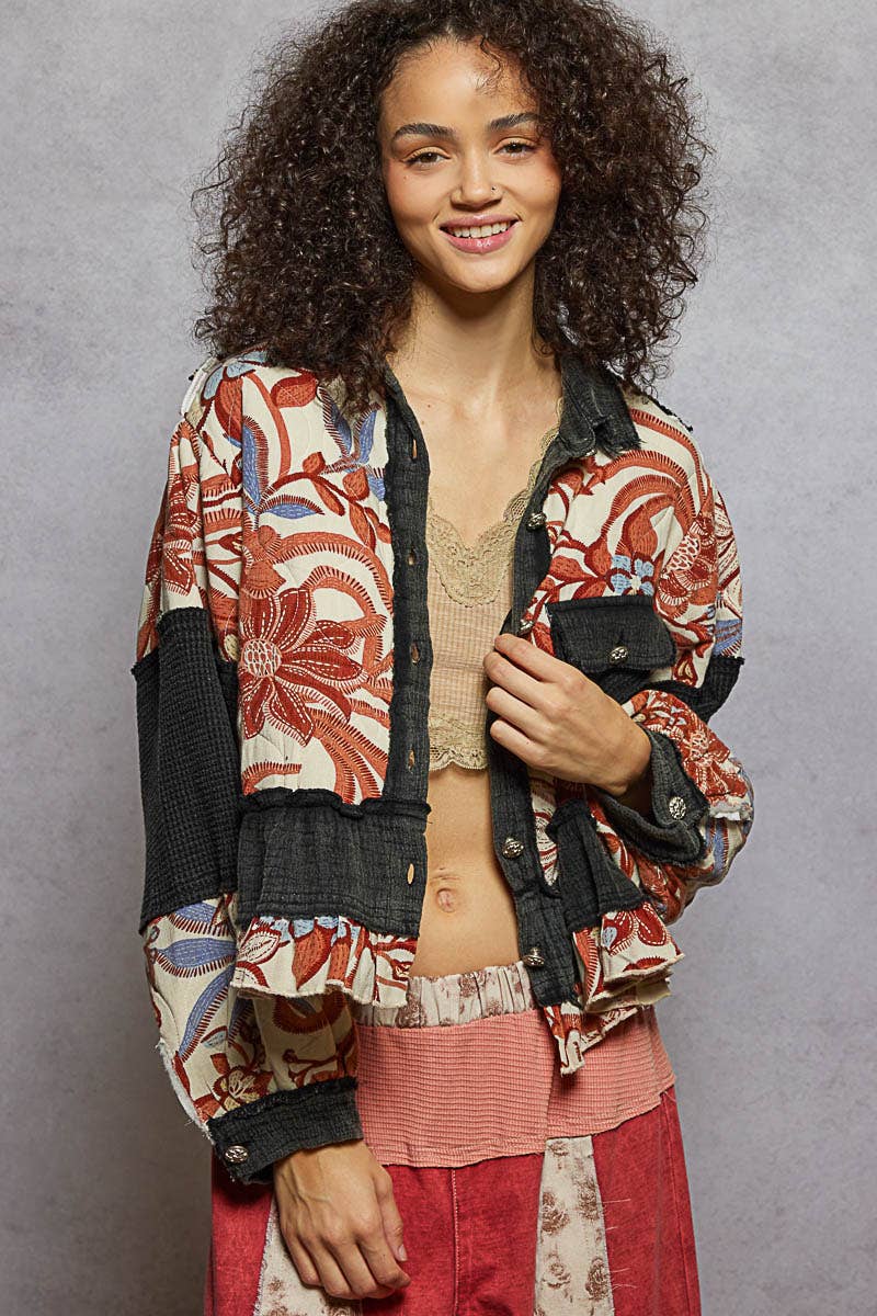 Quilted Floral Raw-Edge Balloon Sleeve A-Line Jacket