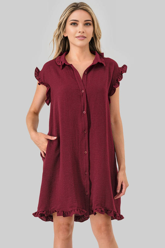 Game Day Ruffle Button Down Dress Burgundy