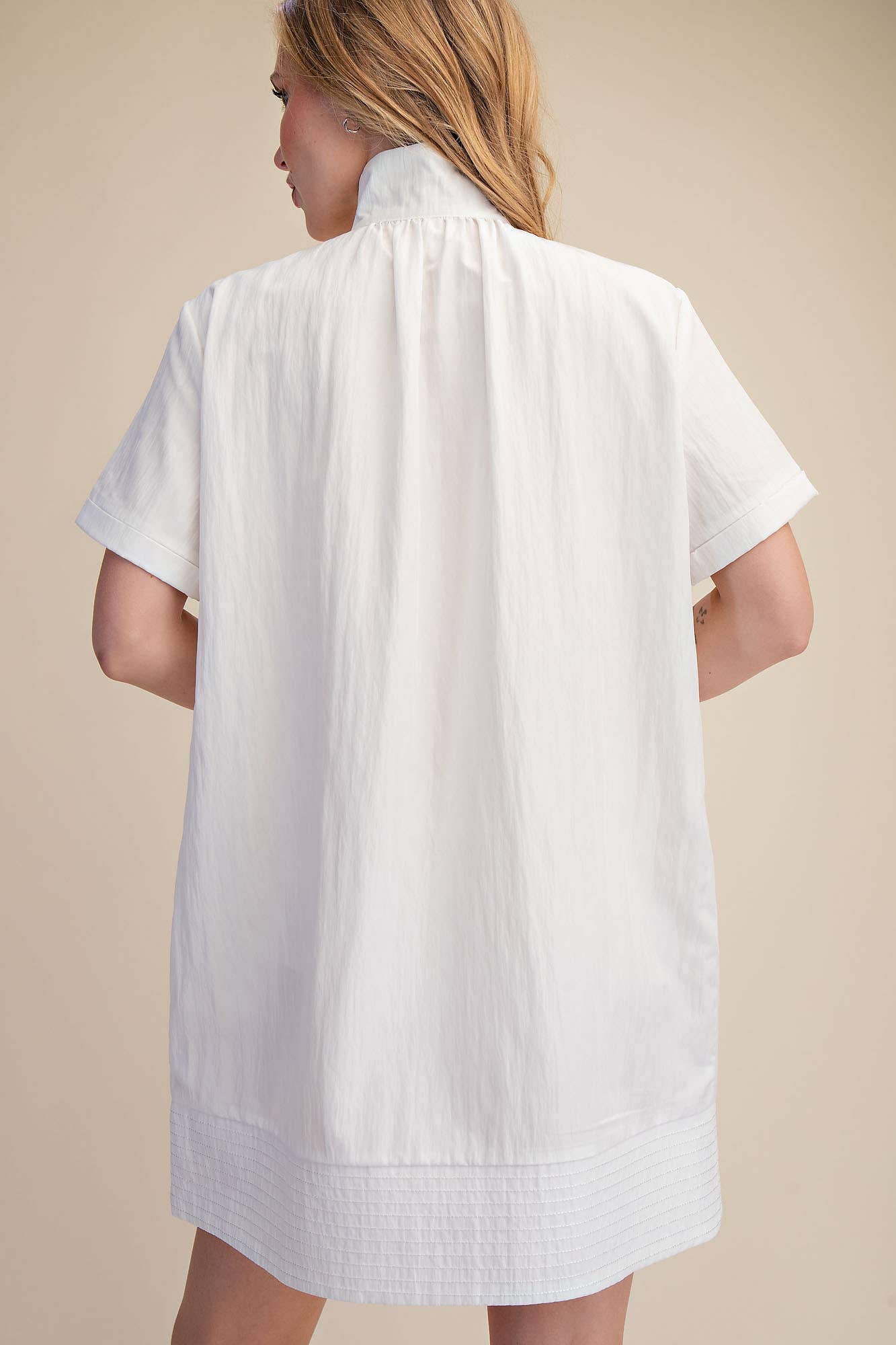 Stand Collar Short Sleeves Button Down Shift Dress