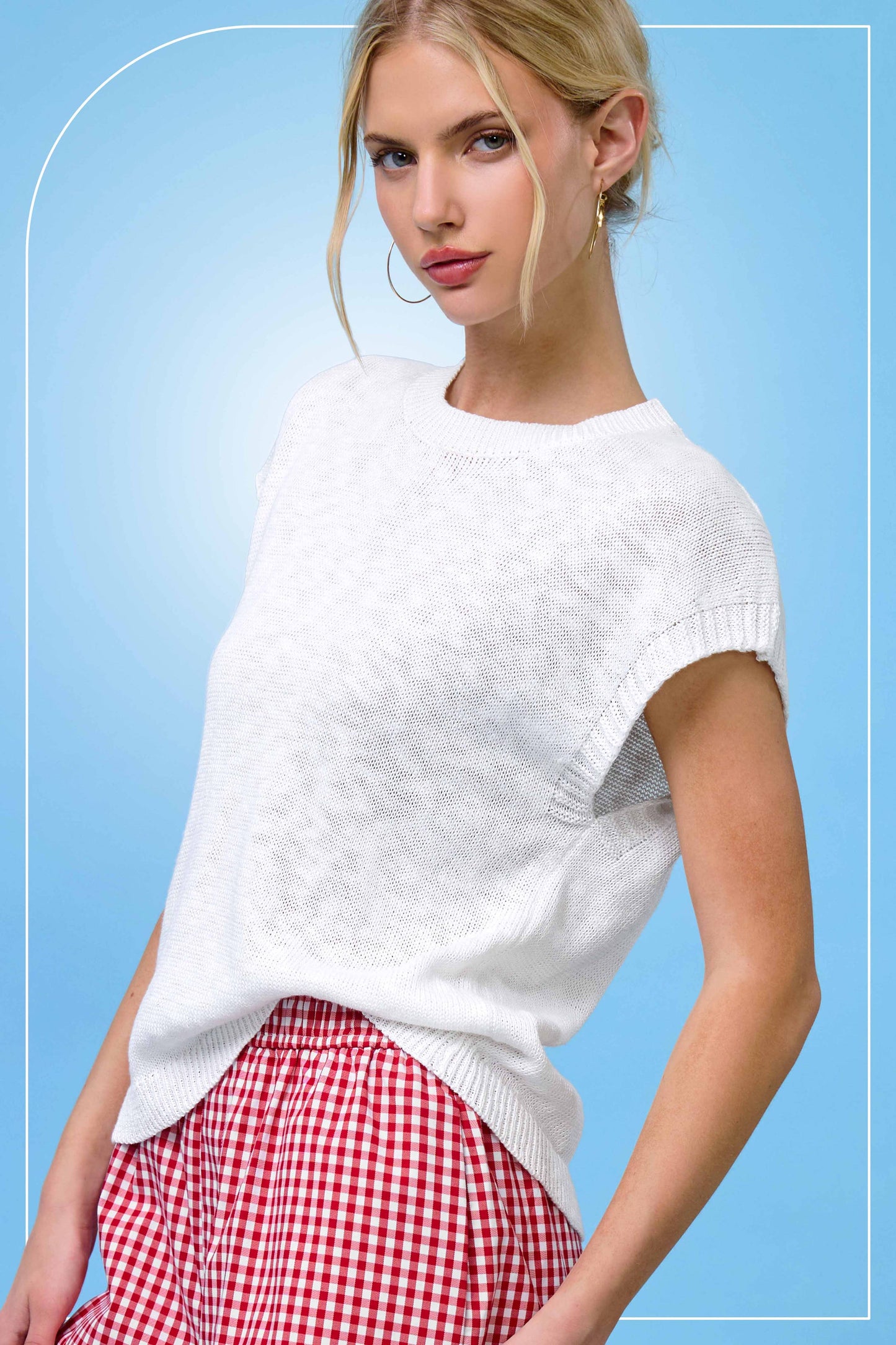 Loose Fit Sleeveless Ribbed Knit Mock Crew Neck Top