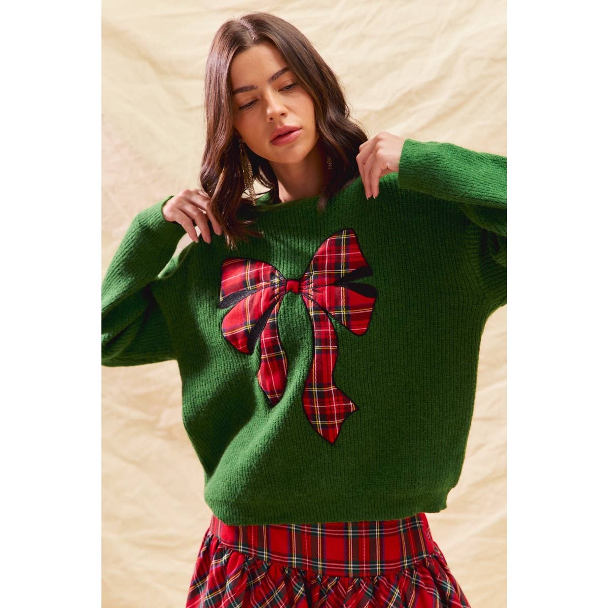 CHECKER PLAID RIBBON CHRISTMAS HOLIDAY SWEATER TOP