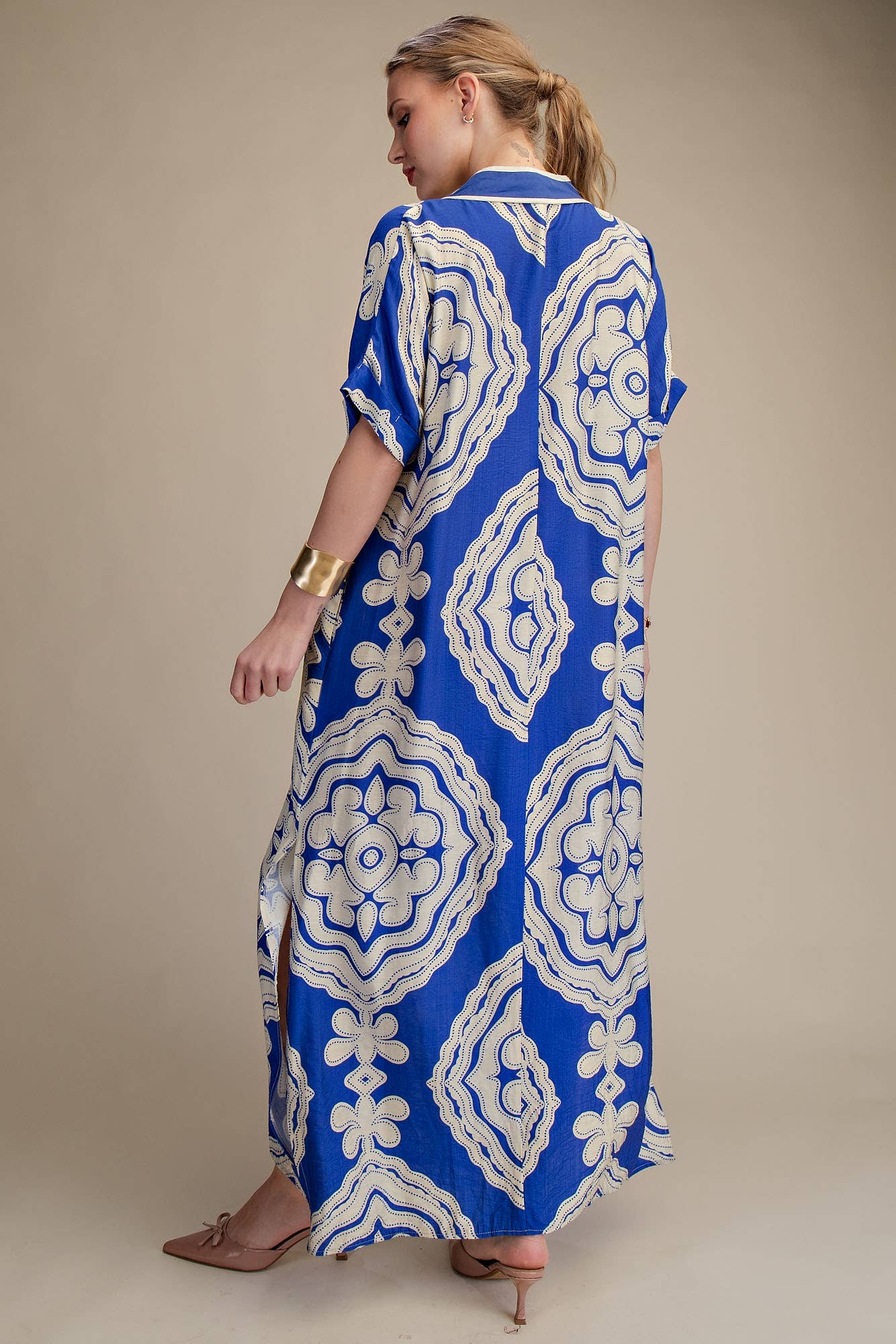 V-Neck Short Sleeve Maxi Print Dress