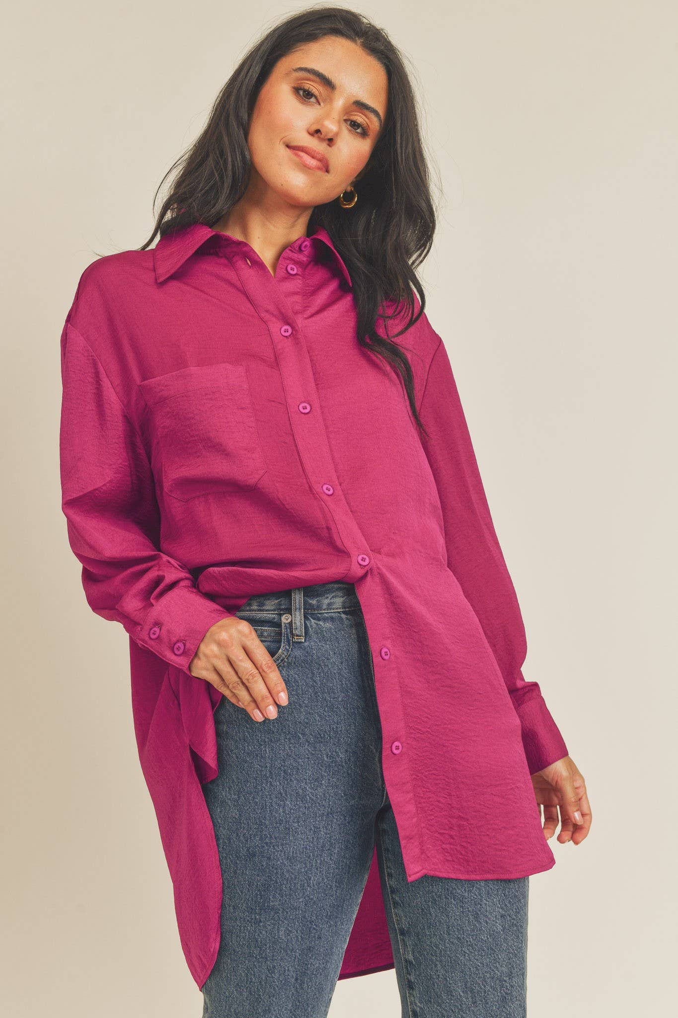 COLLARED BUTTON DOWN TUNIC SHIRT