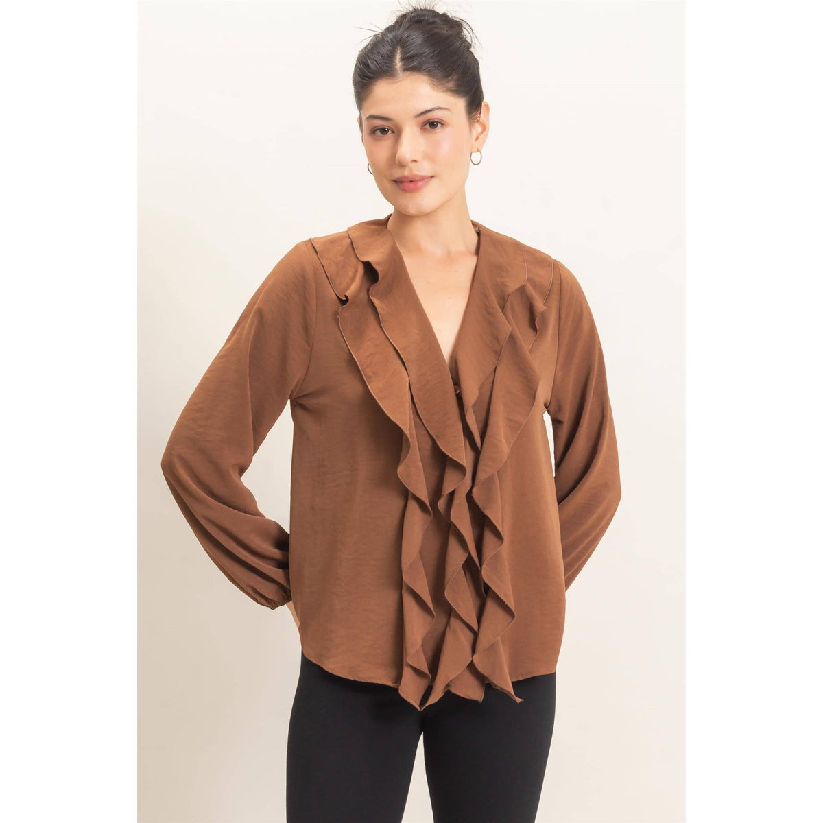 Ruffled V-Neck Button-Up Blouse