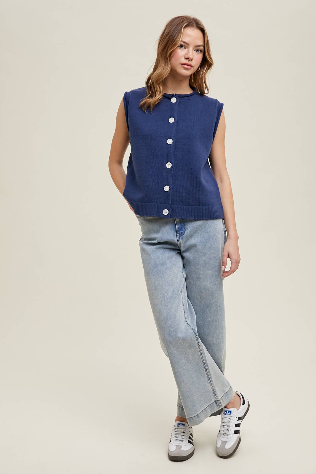SWEATER BUTTON-UP VEST WITH ROLLED HEM DETAIL