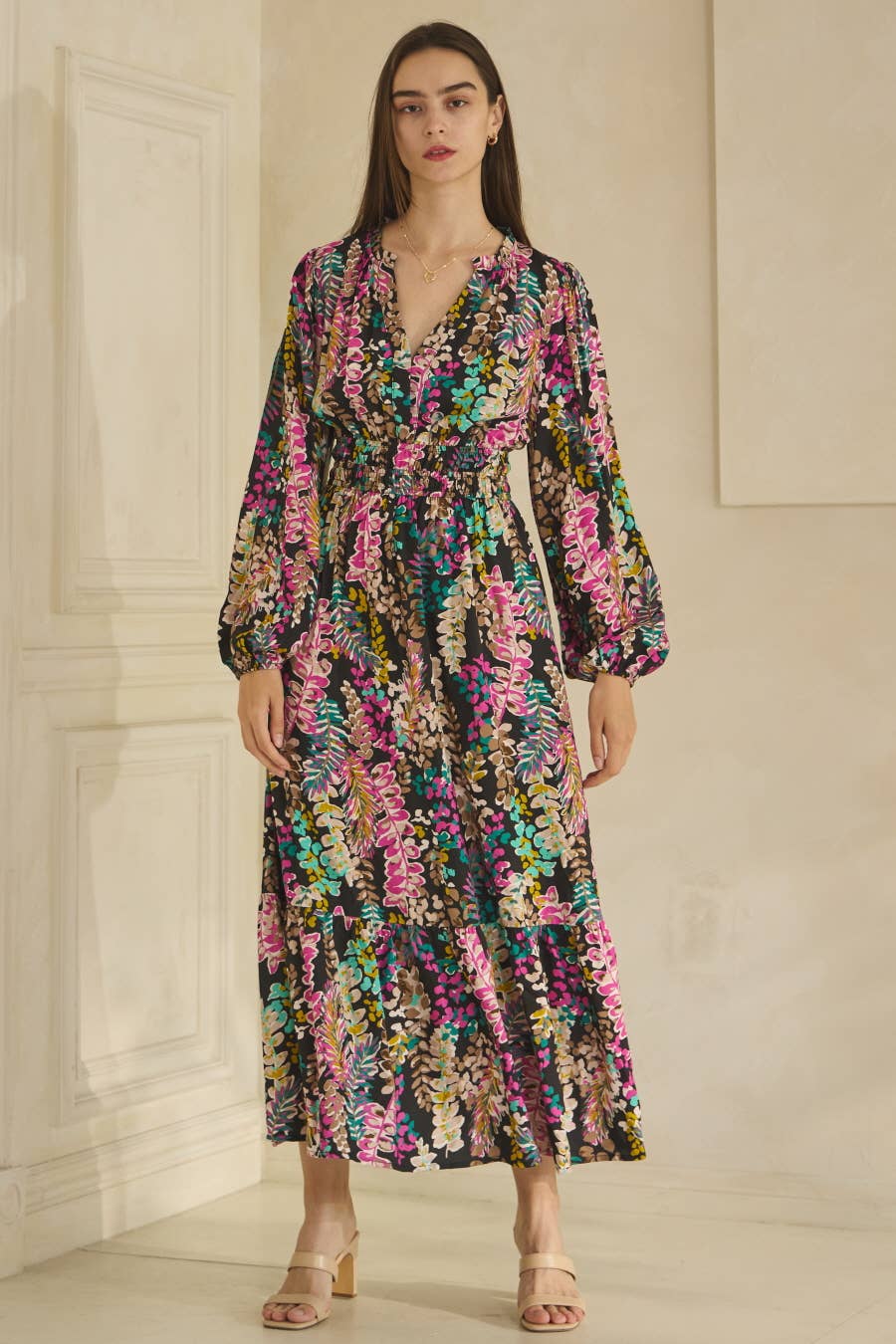 Colorful Floral Print Long Sleeve Maxi Dress