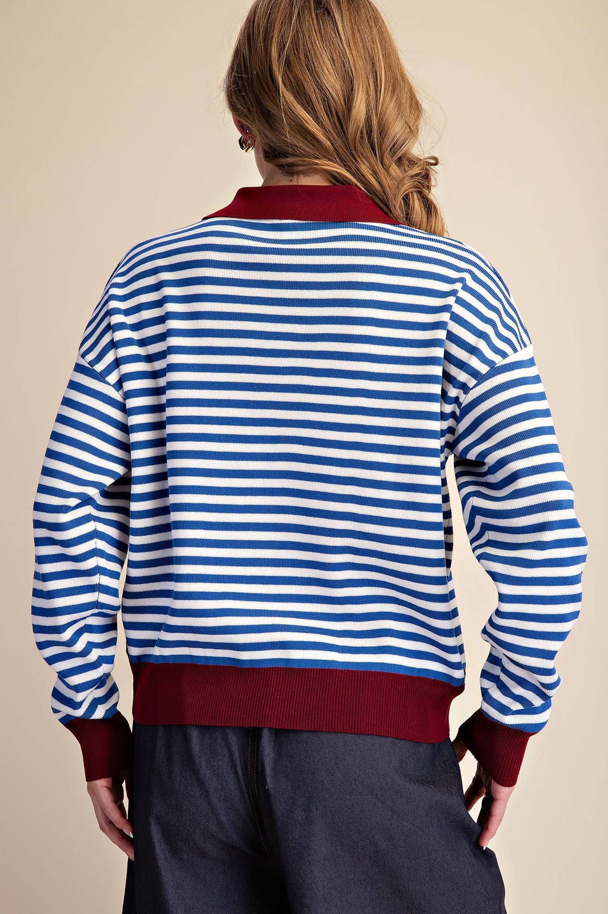 Collar Zip Neck Long Sleeve Stripe Sweater