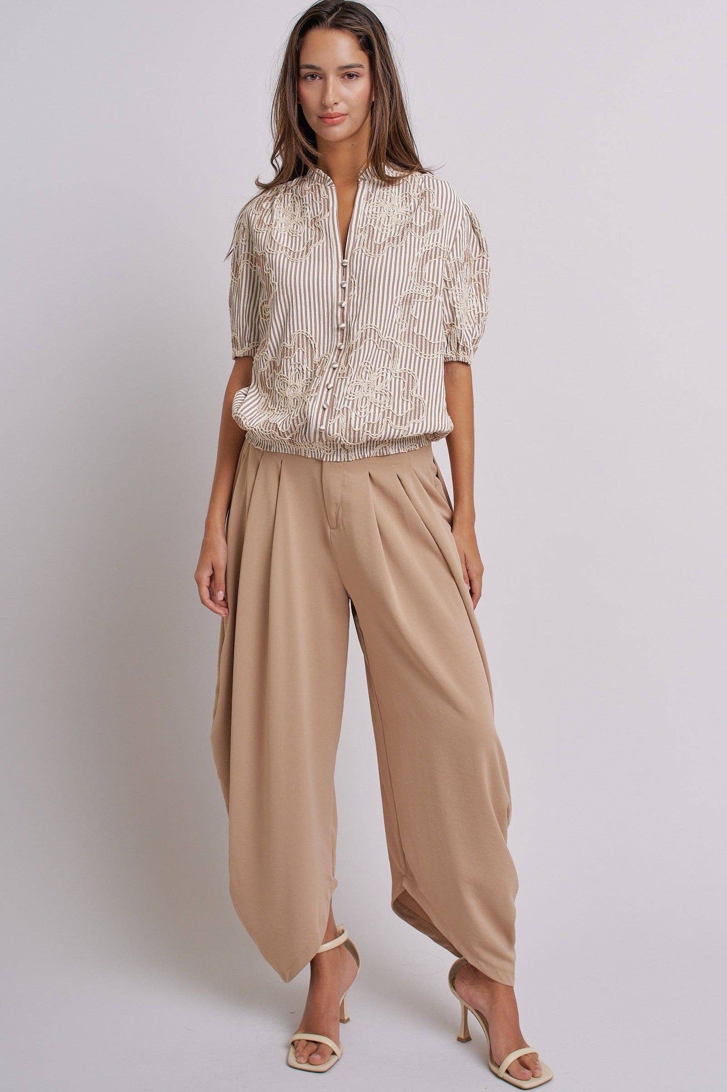 Corded Lace Embroidered Striped Puff Sleeve Blouse