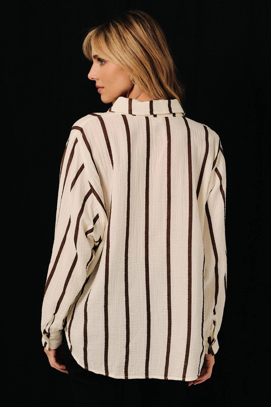 DOLMAN LONG SLEEVE BUTTON DOWN DOUBLE GAUZE STRIPE SHIRT