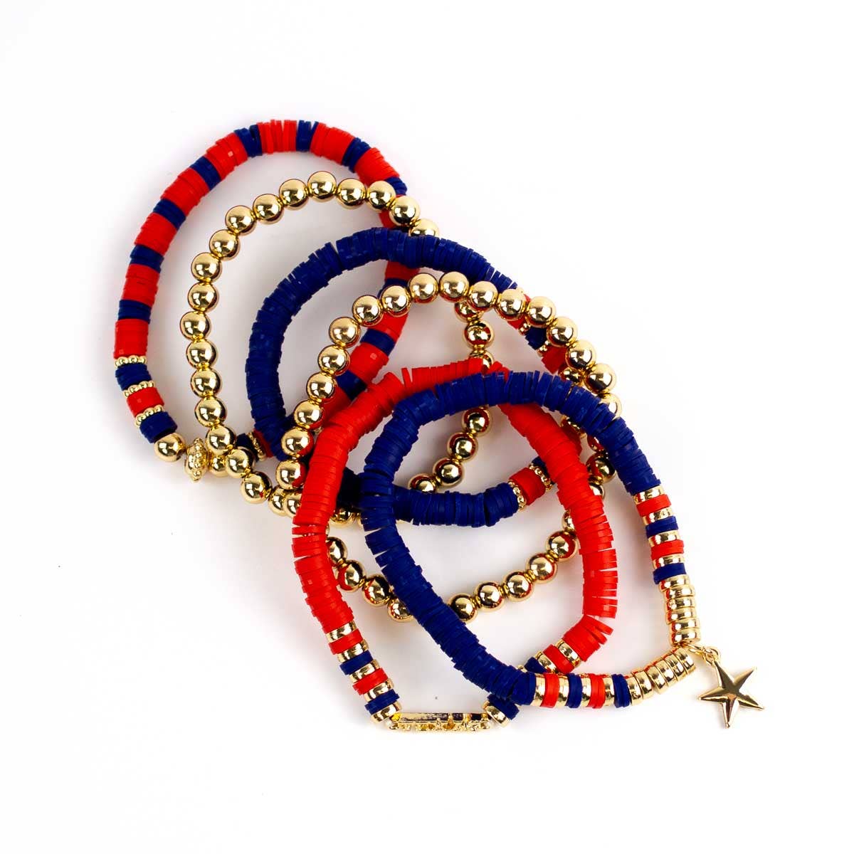 Texas Bead Bracelet Stack   Red/Blue/Gold   7"