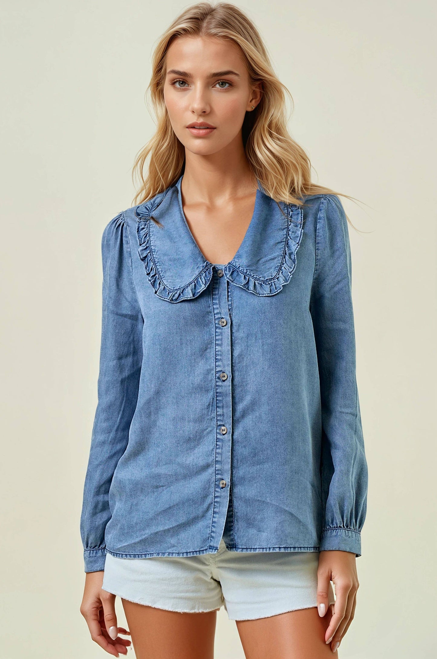 Tencel Denim Long Sleeve Button Down Shirt Bloeus