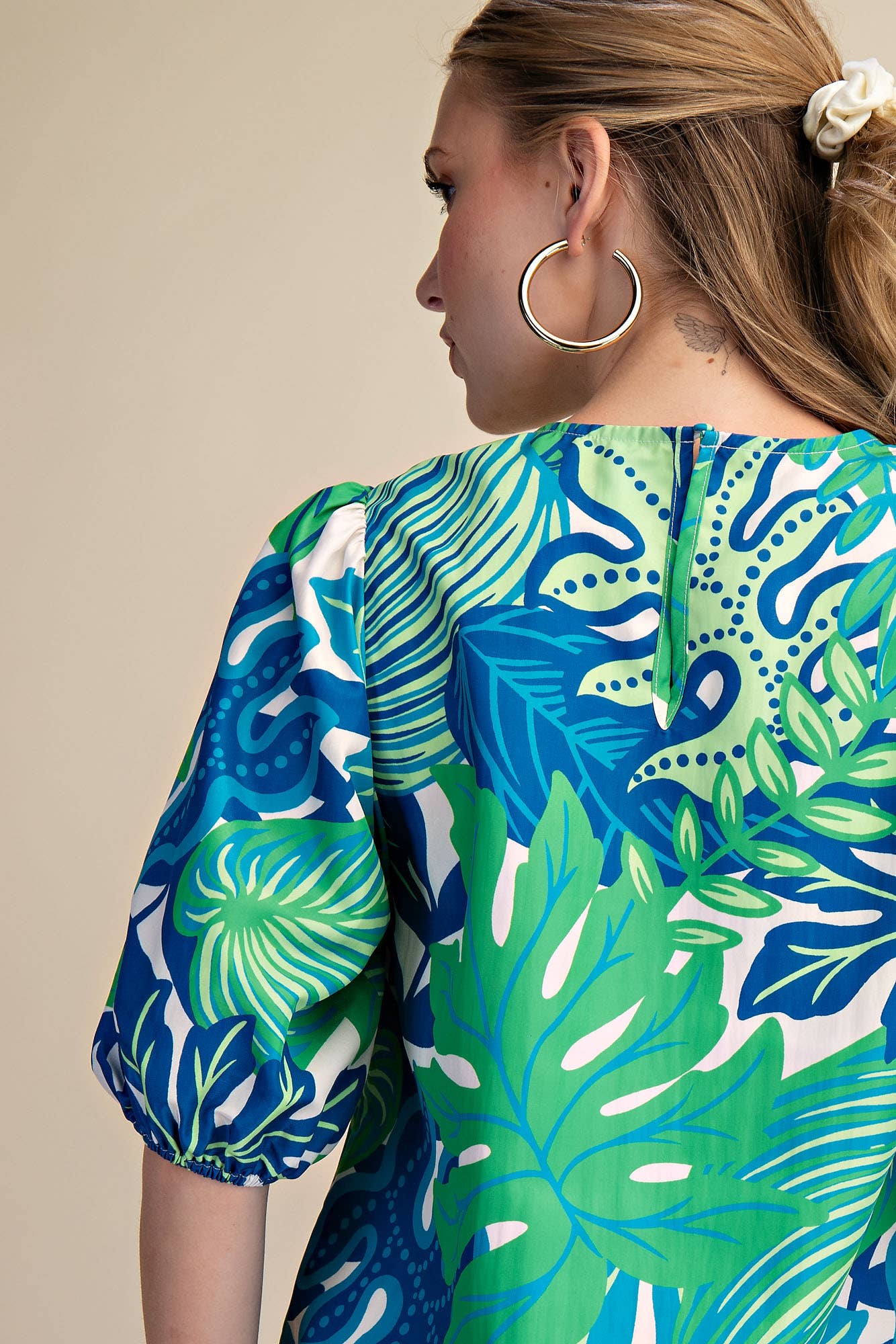 Puff Sleeve Tropical Printed Top