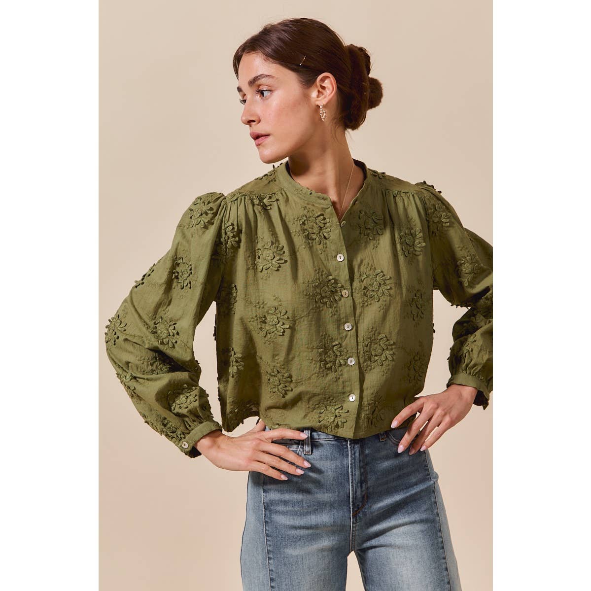 3D FLORAL WOVEN LONG SLEEVE FRONT BUTTON SHIRT