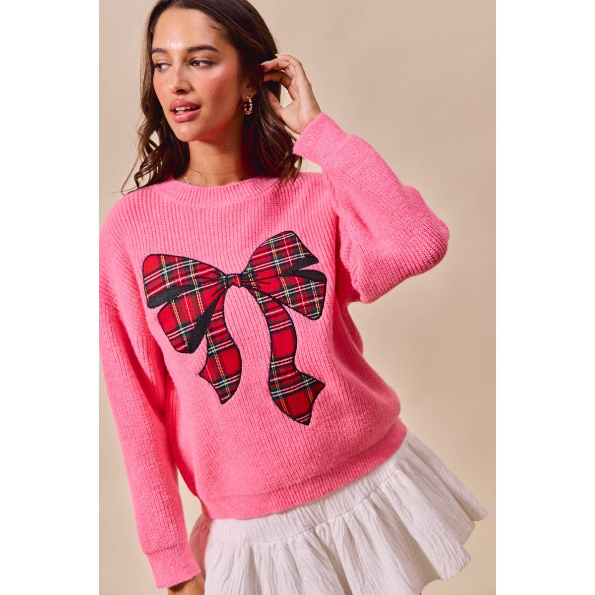 CHECKER PLAID RIBBON CHRISTMAS HOLIDAY SWEATER TOP