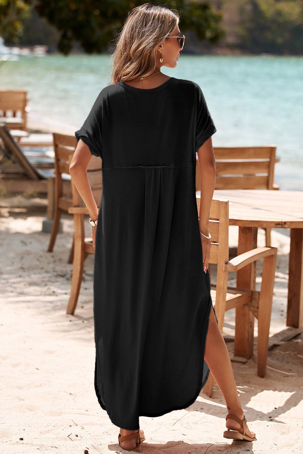 V Neck Hidden Pocket Splits Maxi Shirt Dress