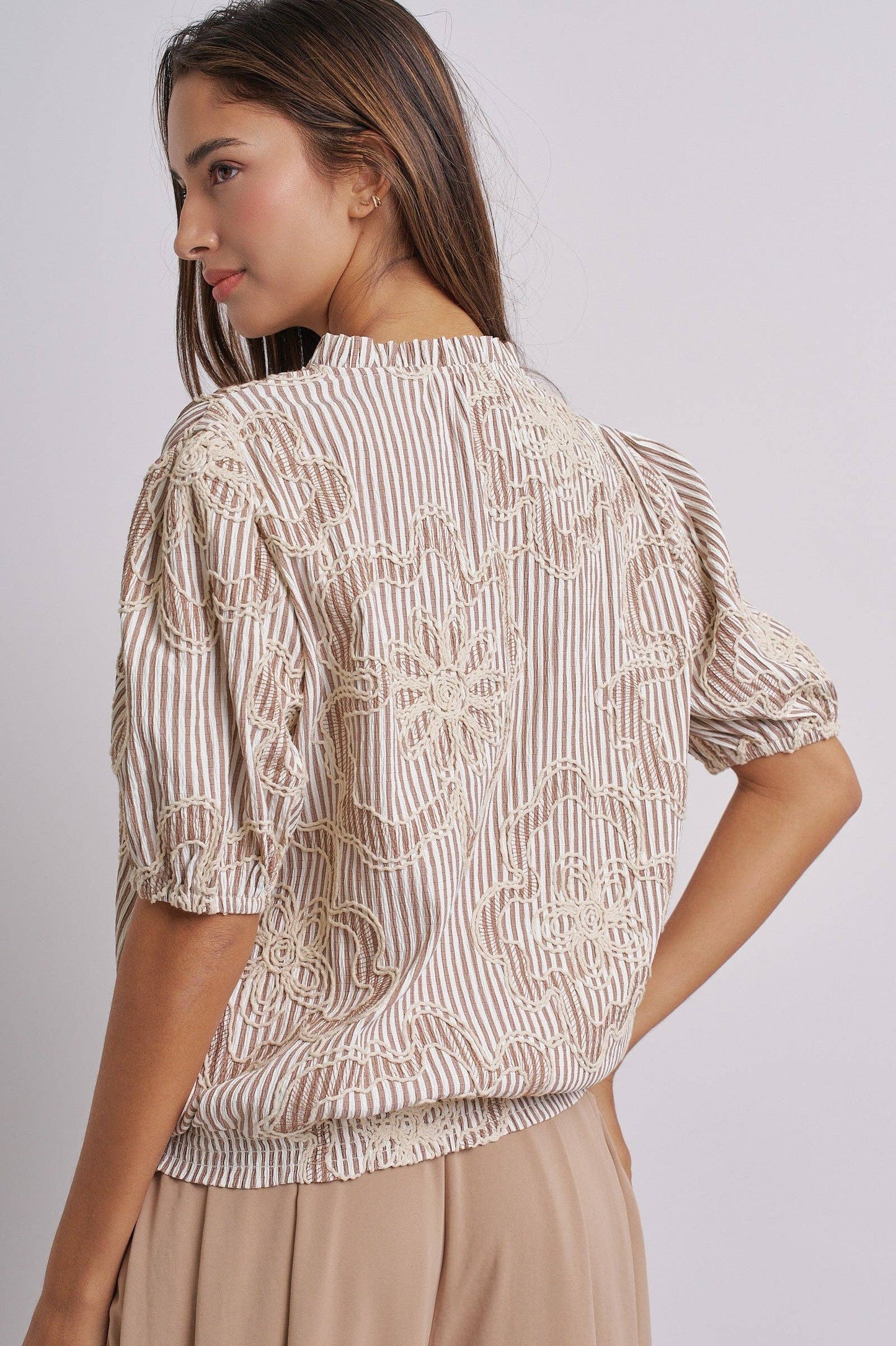 Corded Lace Embroidered Striped Puff Sleeve Blouse