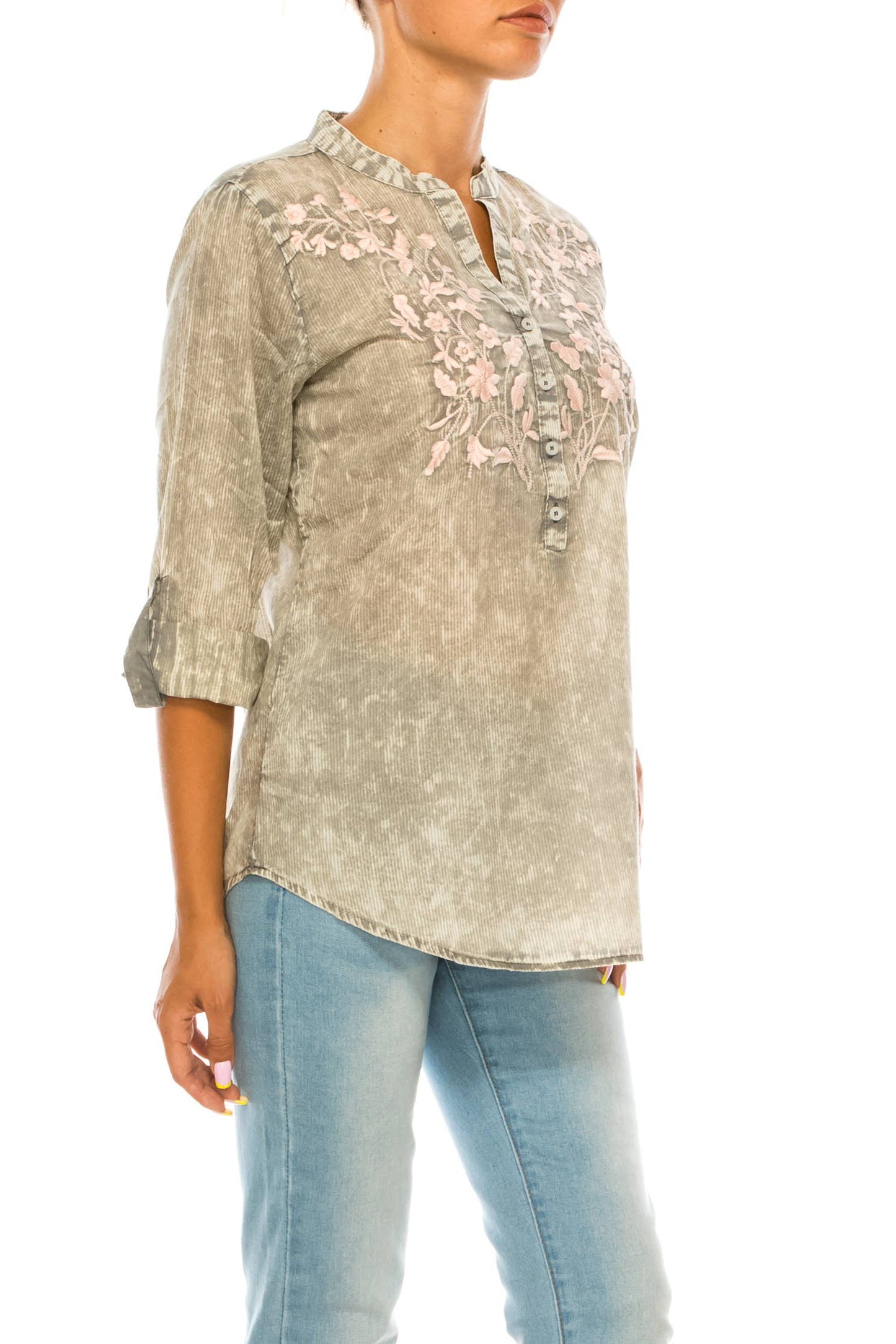 Vintage Half Button Down Tunic with Floral Embroidery