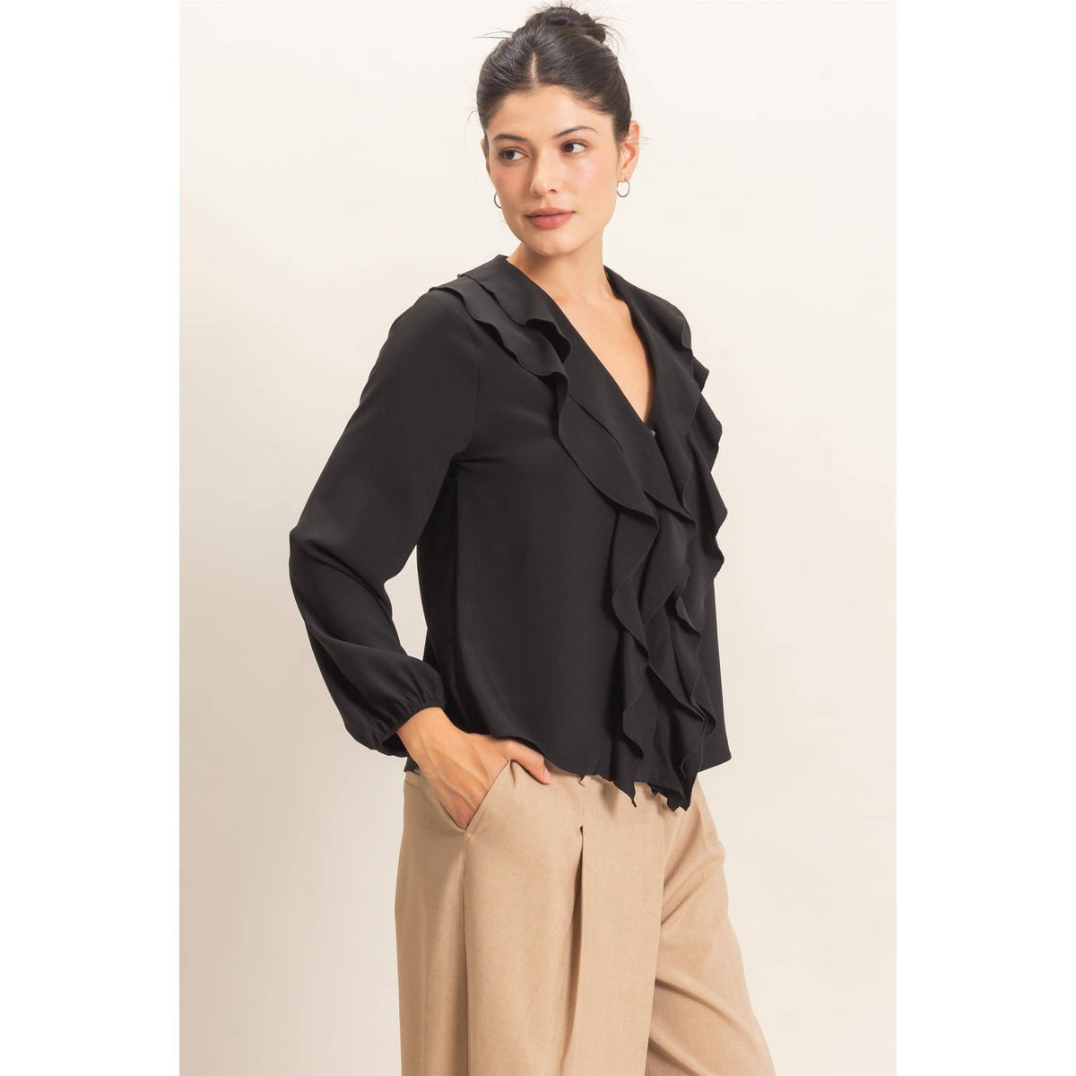 Ruffled V-Neck Button-Up Blouse