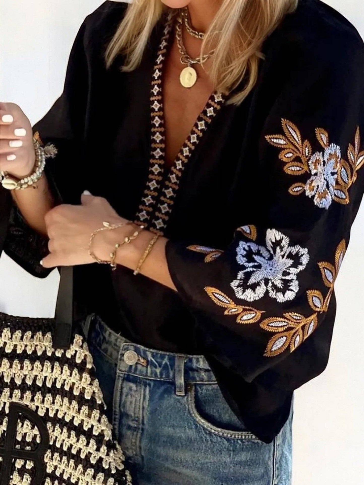 Boho Embroidered V-Neck 3/4 Sleeve Top