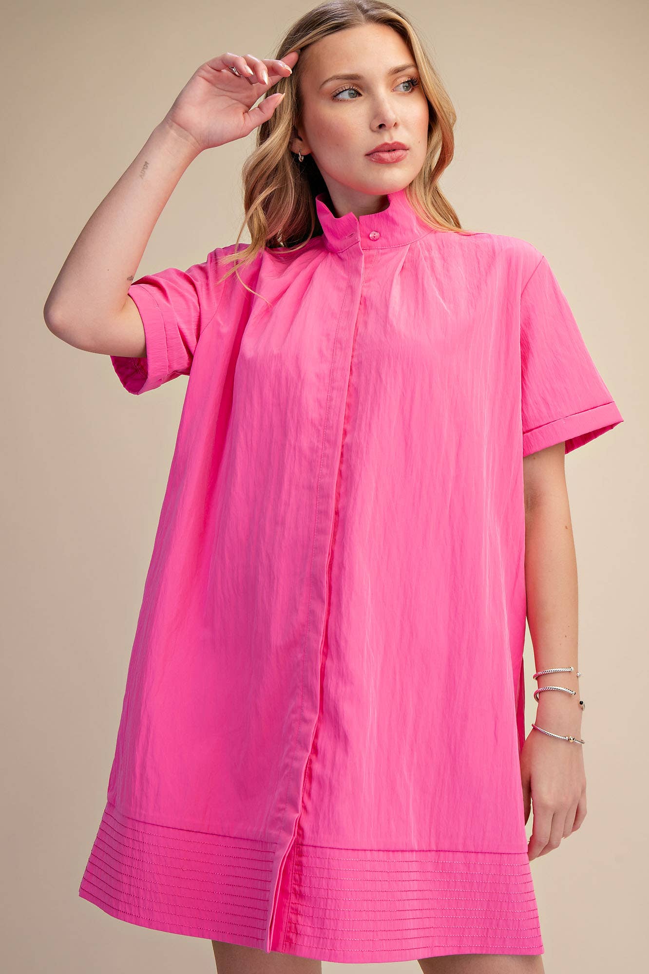 Stand Collar Short Sleeves Button Down Shift Dress