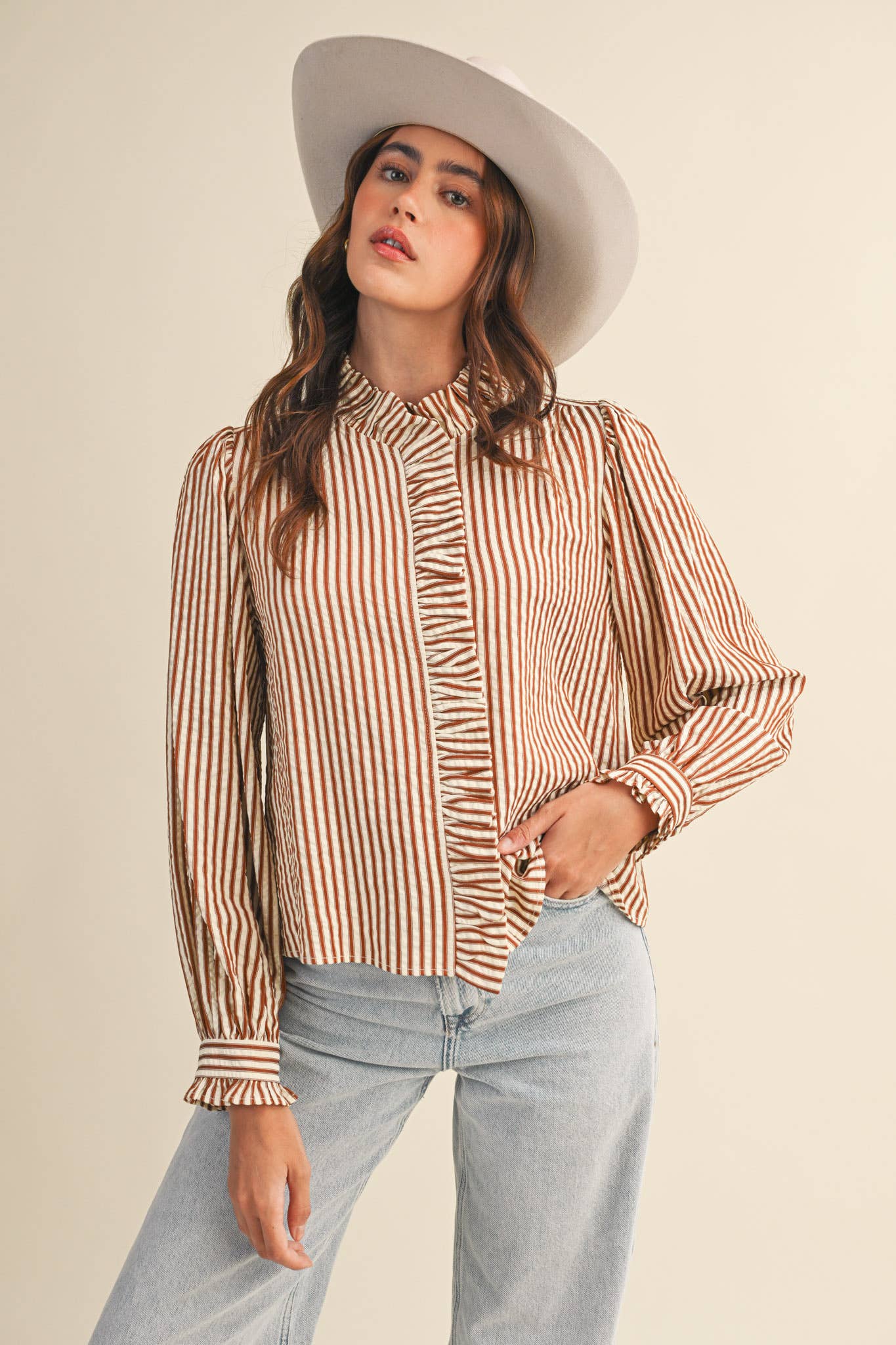 STRIPED RUFFLED BUTTON DOWN
