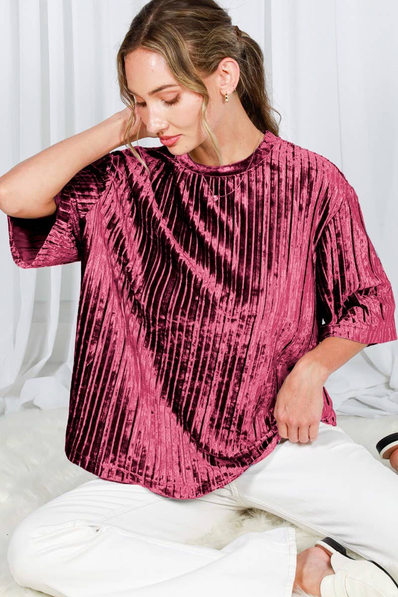 Pleated Velvet Crew Neck Band Short-Sleeve Top