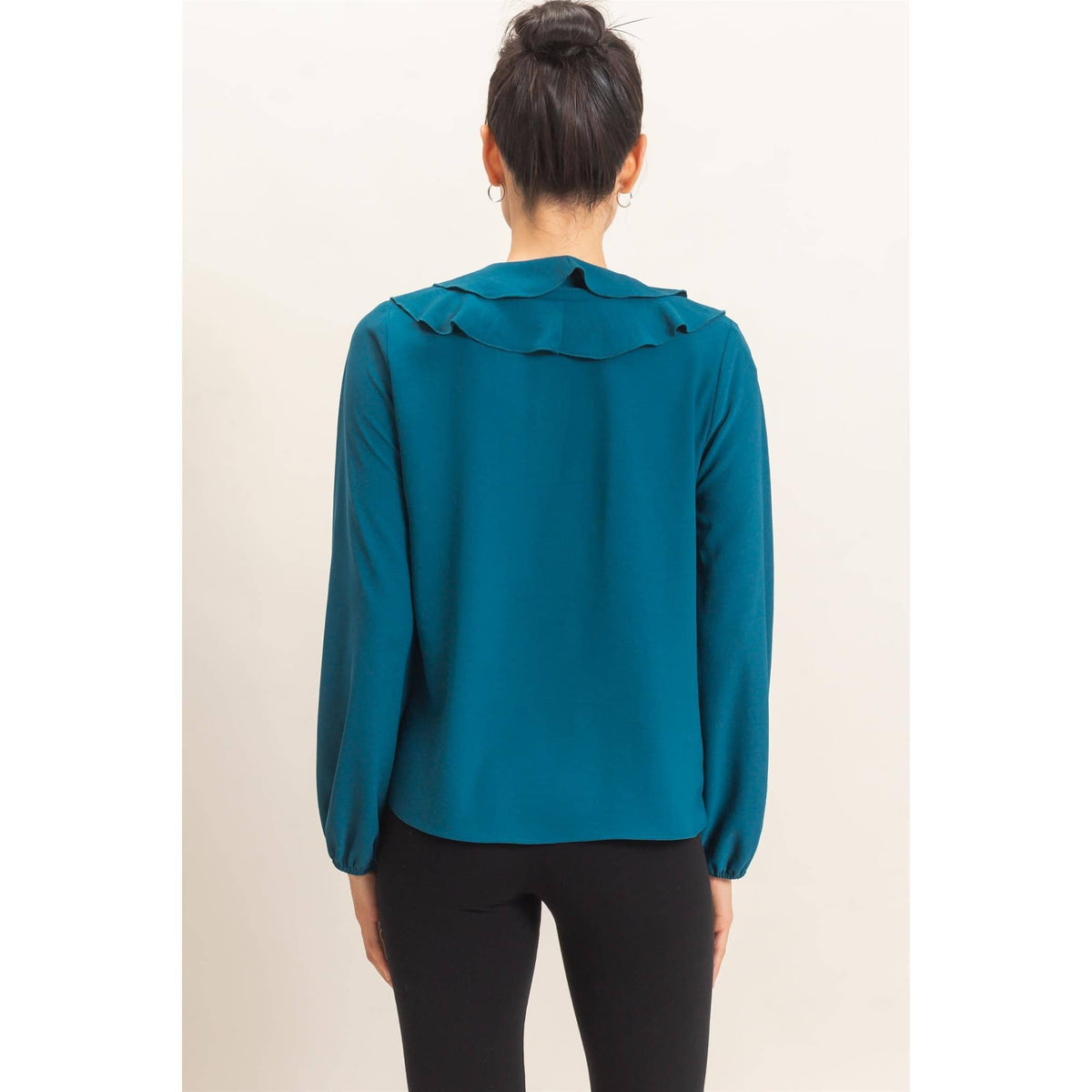Ruffled V-Neck Button-Up Blouse