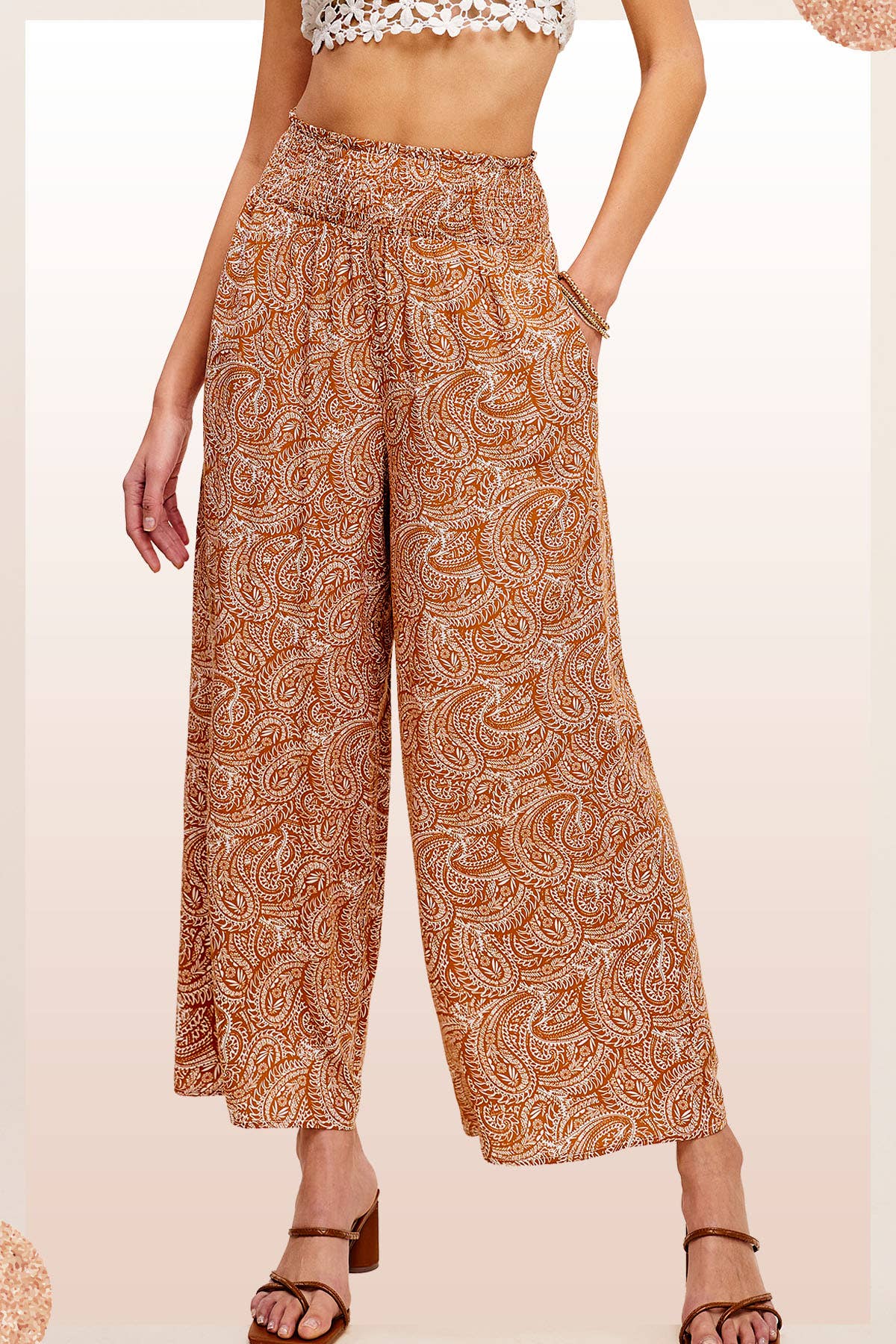 Boho Paisley Print Wide Leg Flowy Pants with Pockets