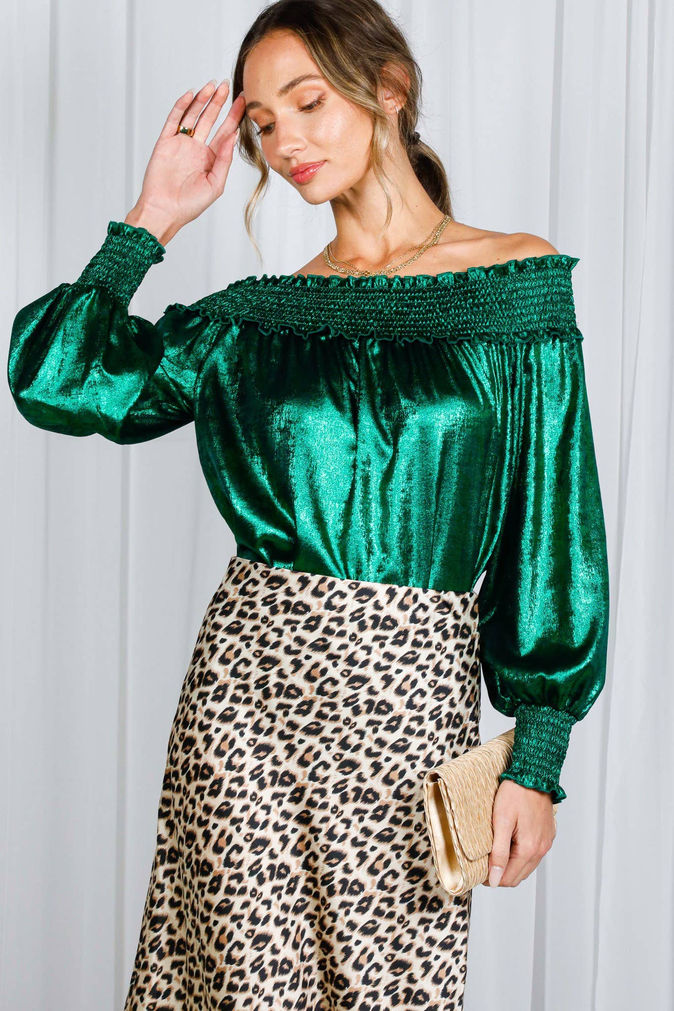 Metallic Woven Off-The-Shoulder Smocked Blouse