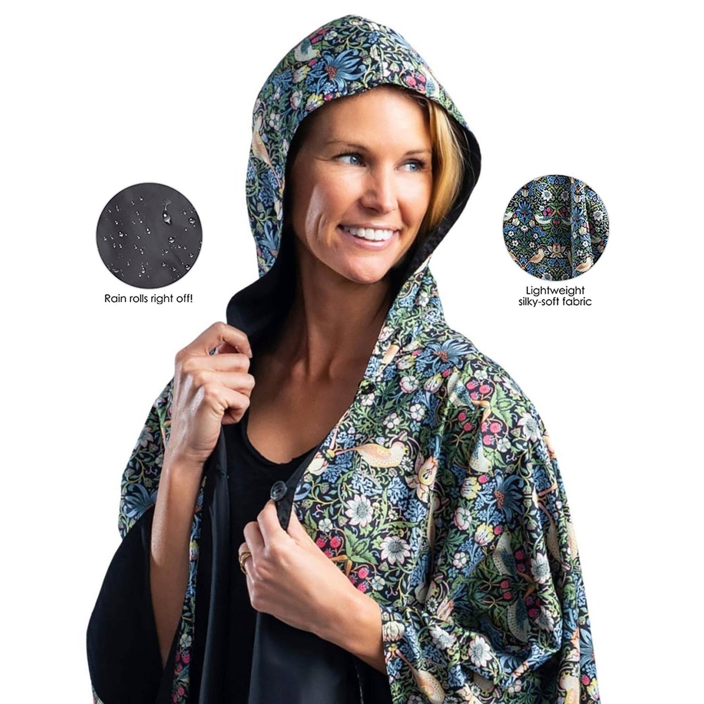 William Morris Strawberry Thief & Black Reversible Rain Cape Poncho – Hooded Womens Wrap