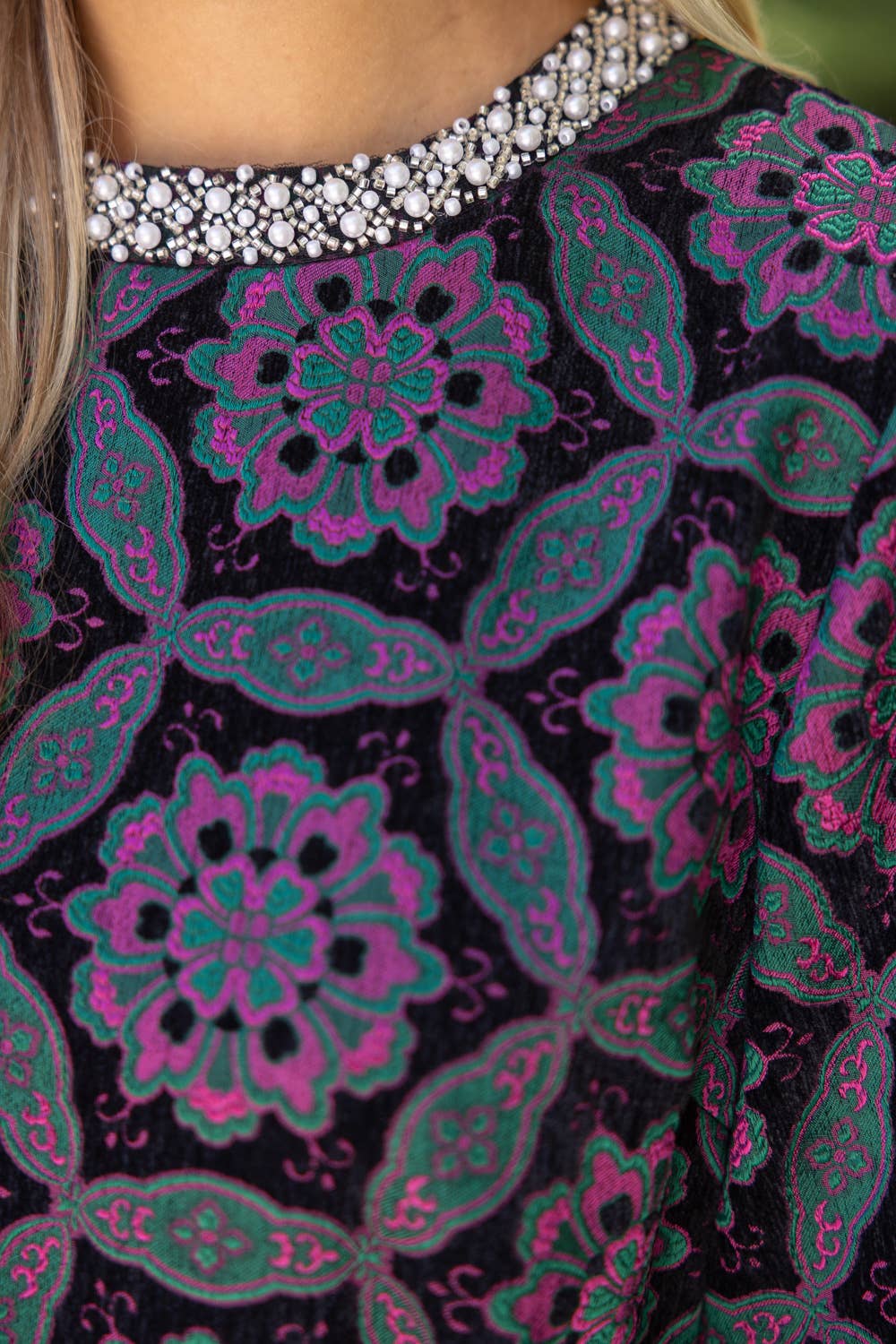 Beaded Neckline Geometric Velvet Jacquard Dress